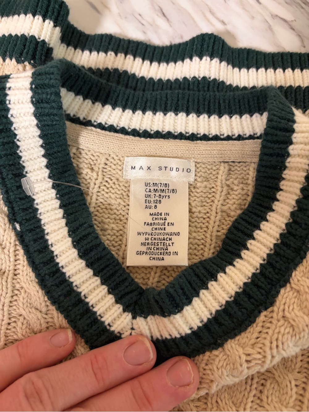 Max Studio Cream Cable Knit V-Neck Sweater with Dark Green & White Stripes